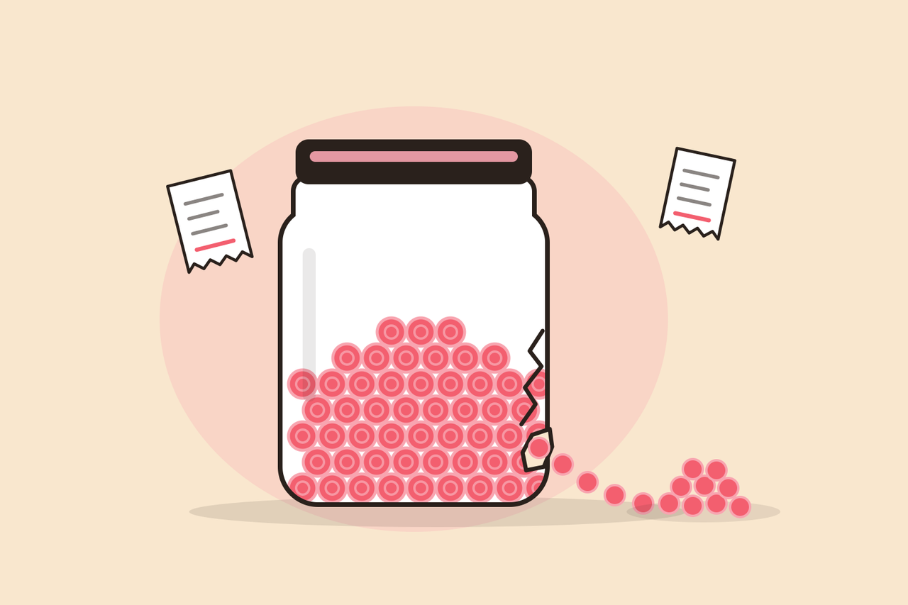 Illustration of a glass jar of coins with a crack in its side, coins slipping out through the hole and piling up beside it