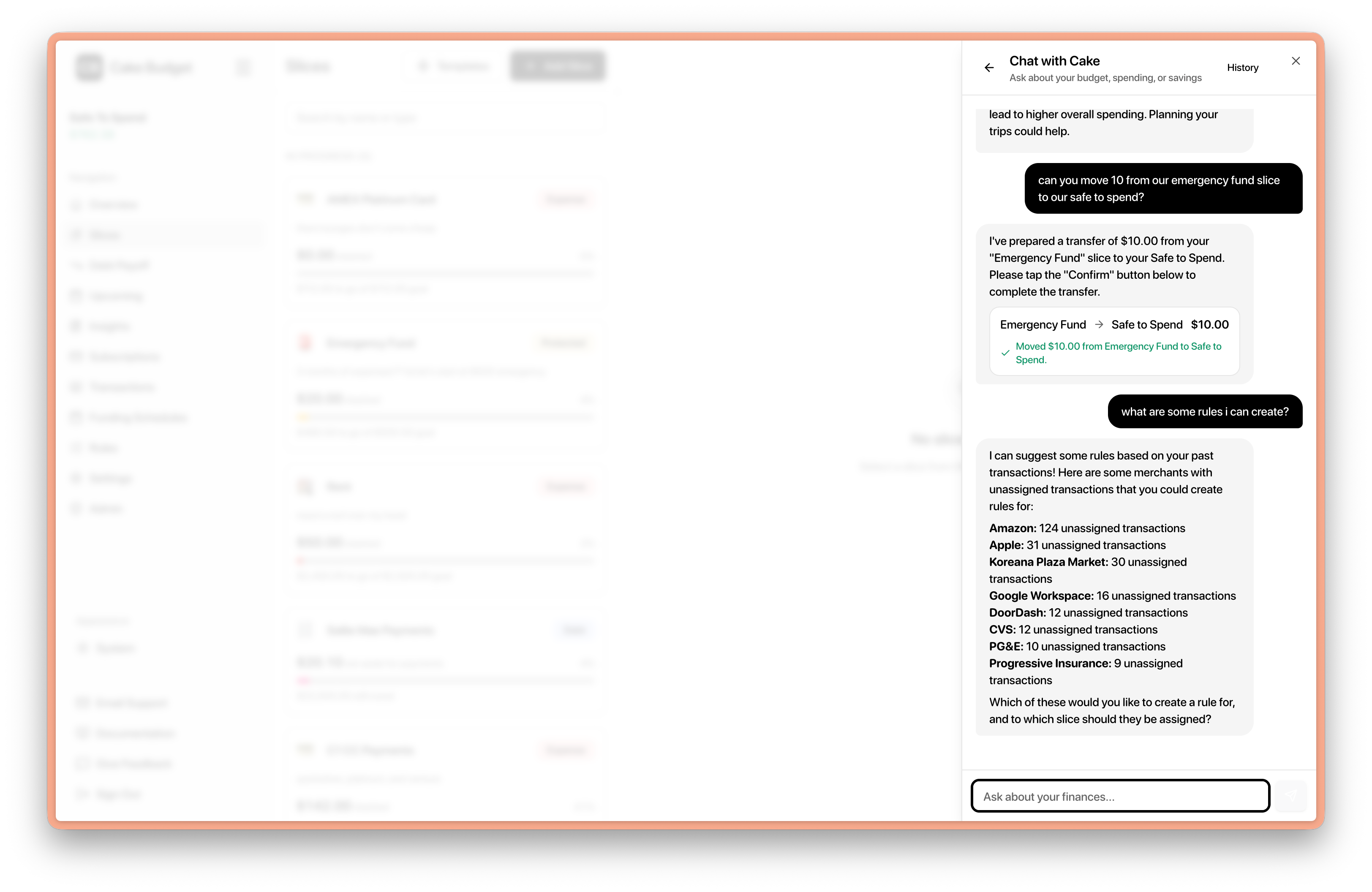Chat with Cake showing a confirmed $10 transfer from an Emergency Fund slice to Safe to Spend, then suggesting automation rules based on merchants with unassigned transactions