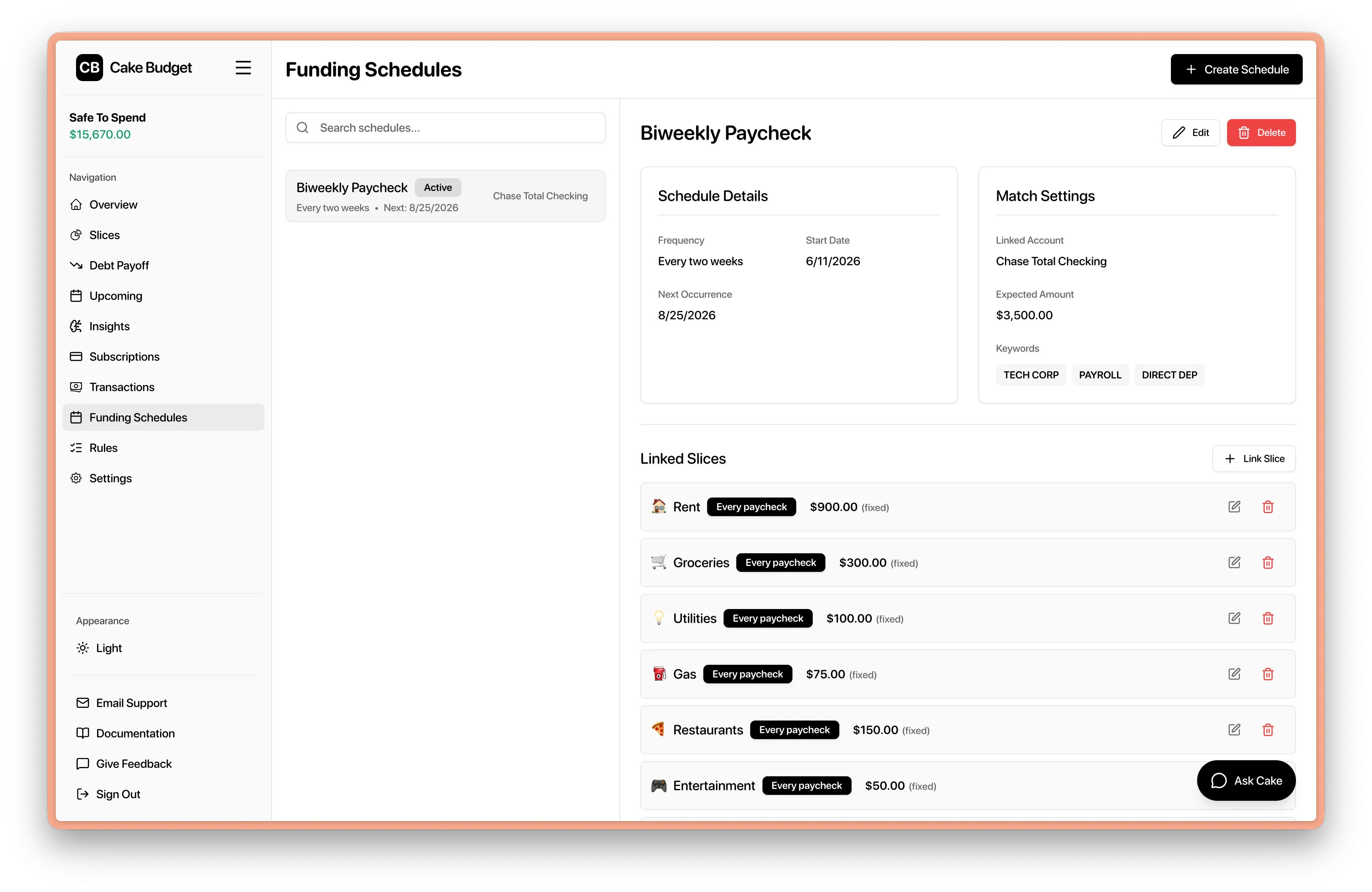 Cake Budget funding schedules showing a detected paycheck automatically funding slices