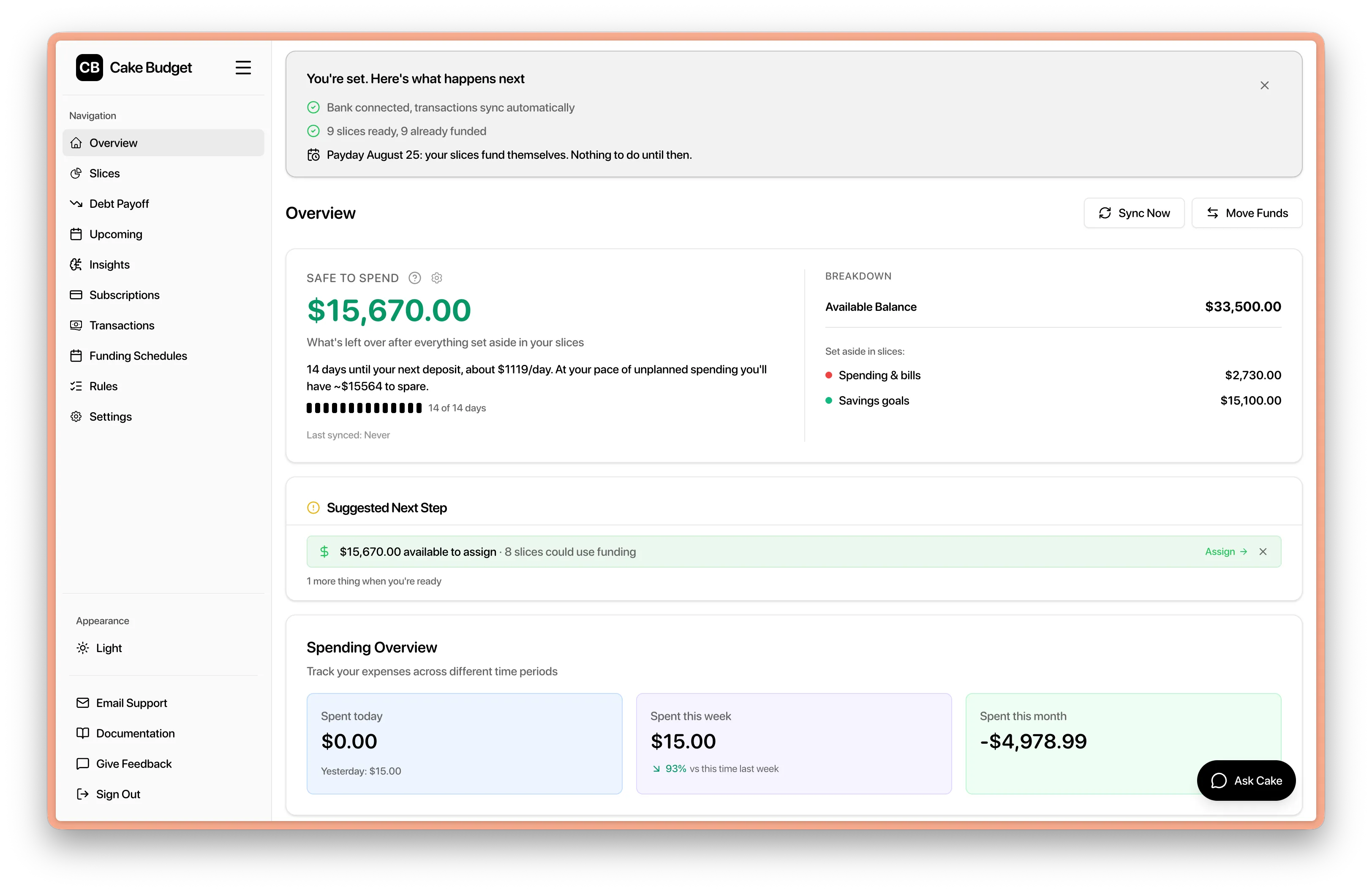 Cake Budget's Overview page showing Safe to Spend and funded slices