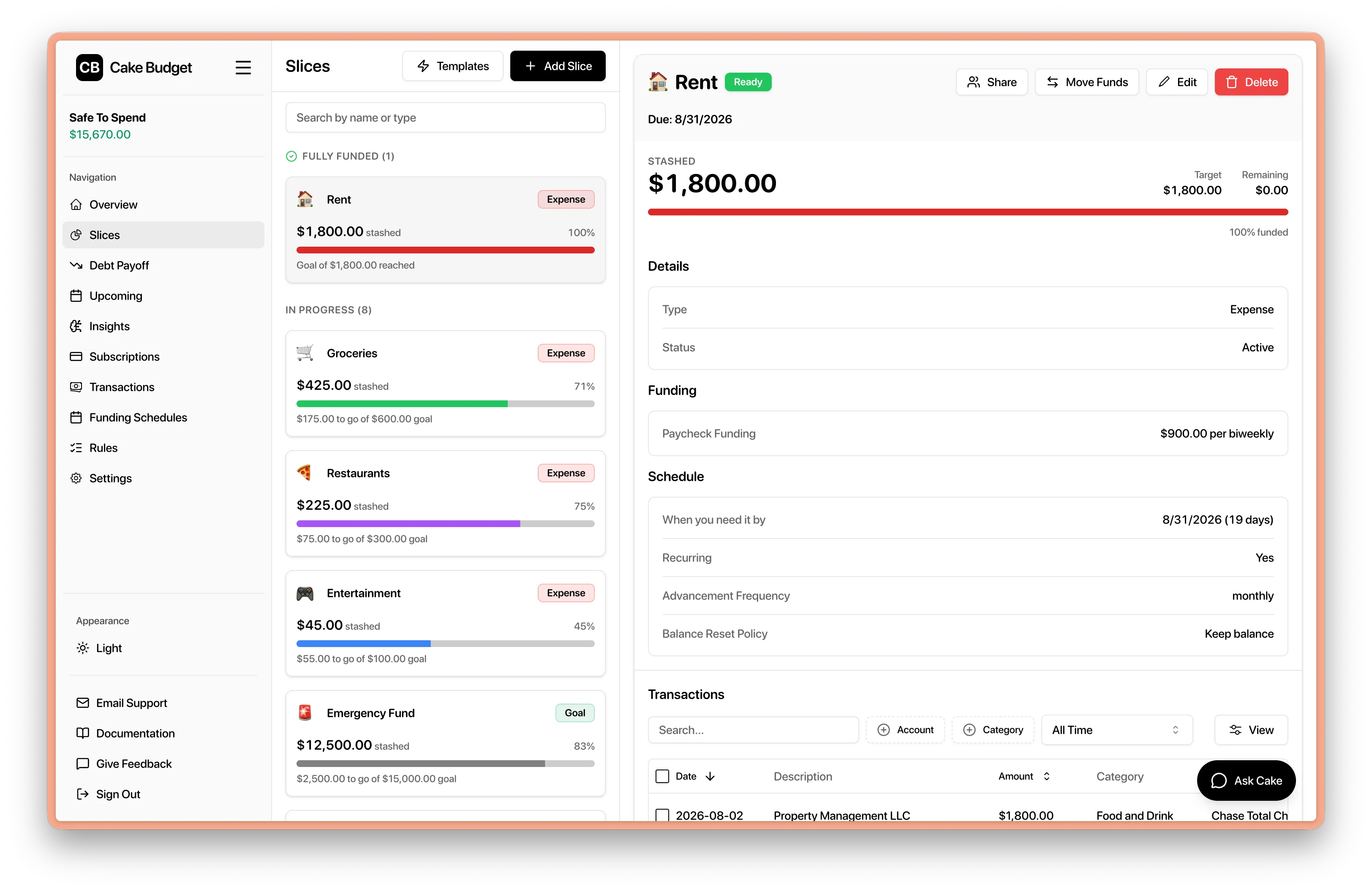 Cake Budget slices showing envelopes with balances, targets, and progress bars