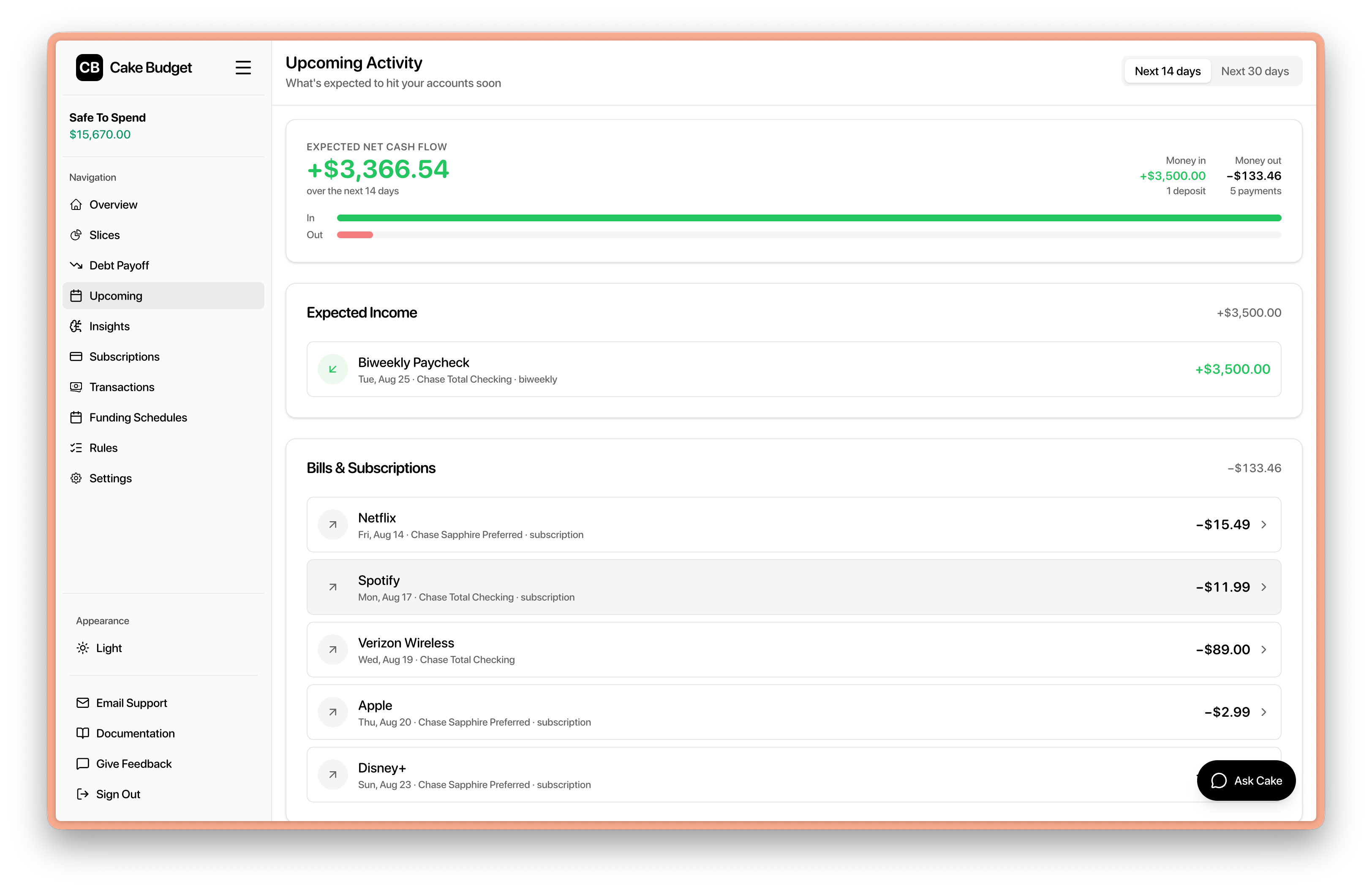 Upcoming Activity screen showing an expected net cash flow of +$3,366.54, a biweekly paycheck under Expected Income, and upcoming bills and subscriptions including Netflix, Spotify, and Verizon