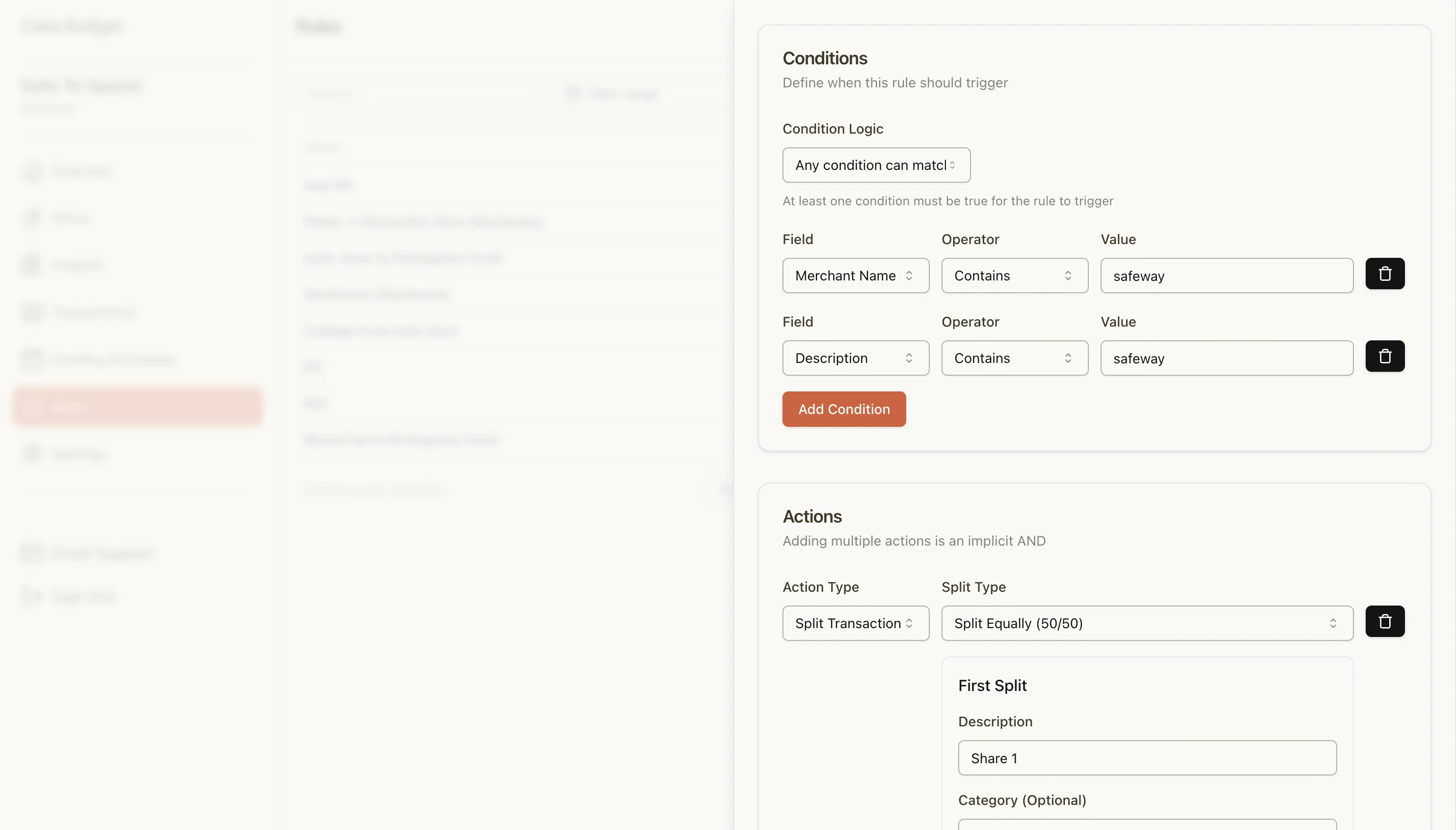 Rule creation form showing merchant conditions and slice assignment