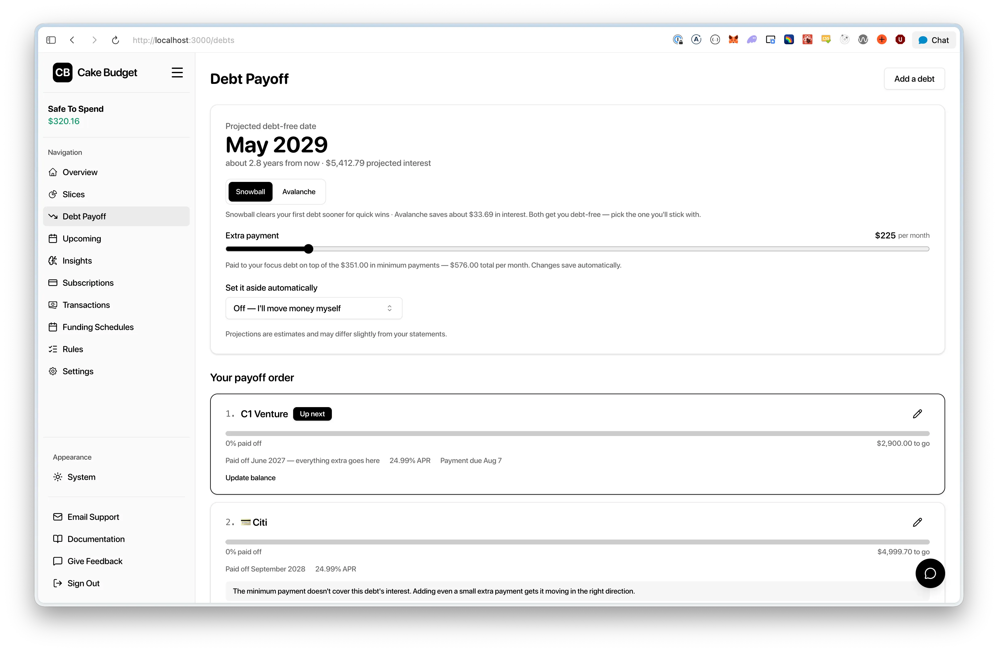 Cake Budget's Debt Payoff page showing a projected debt-free date, snowball and avalanche strategies, an extra payment slider, and a numbered payoff order with progress bars