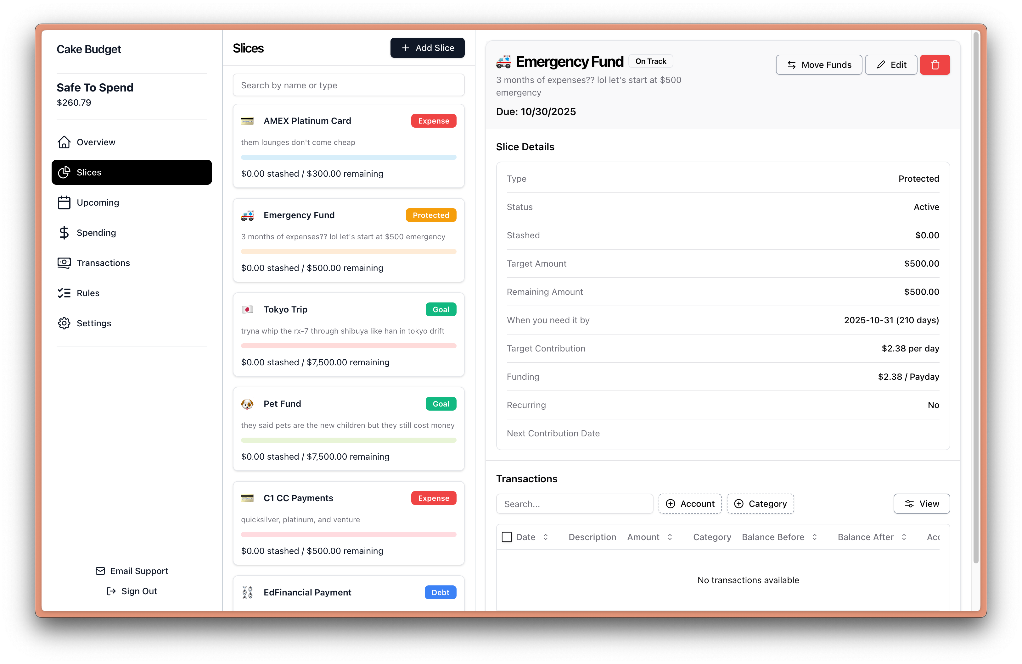 Cake Budget app interface showing slices and budget categories
