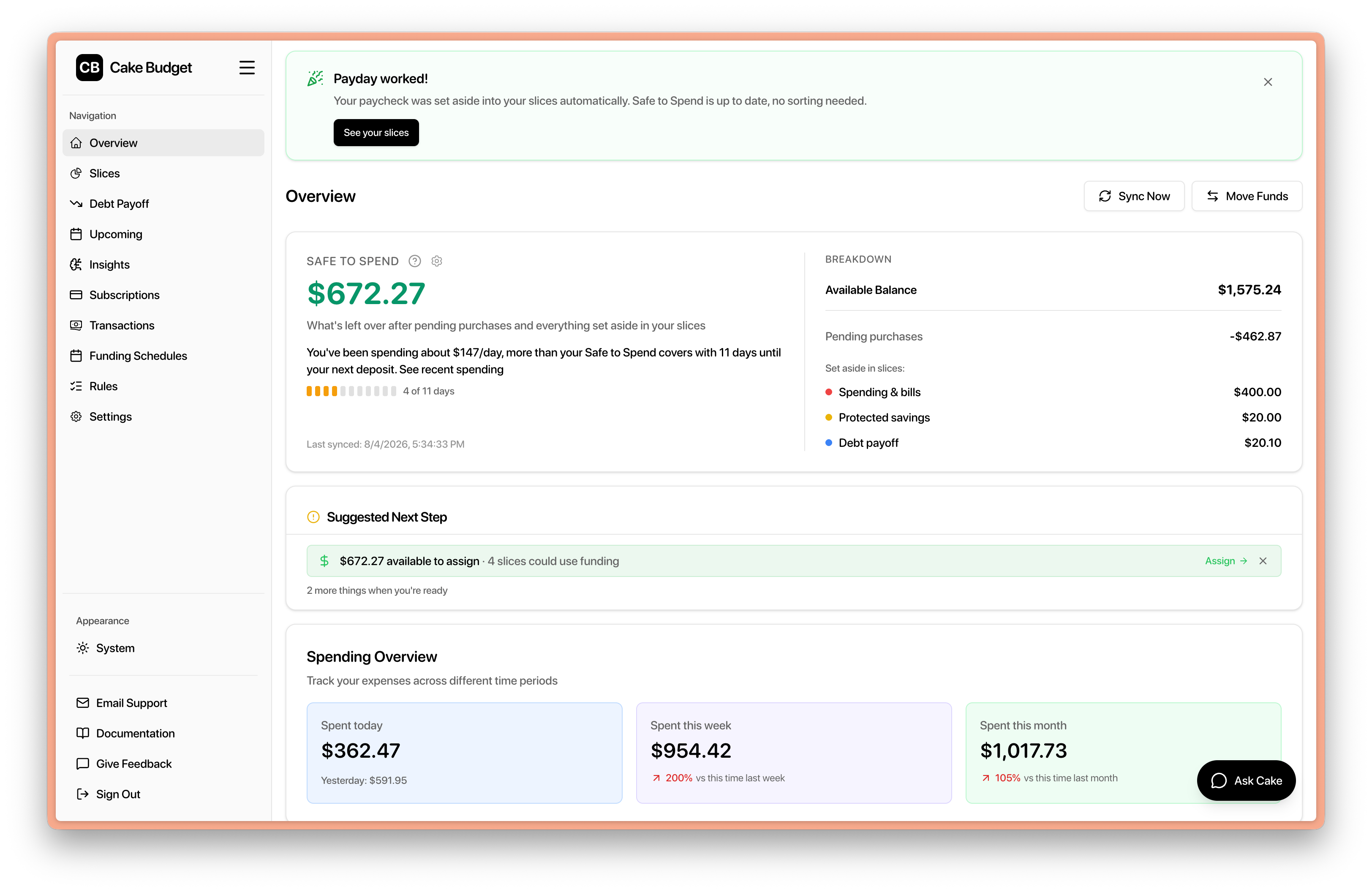 Cake Budget app interface showing slices and budget categories