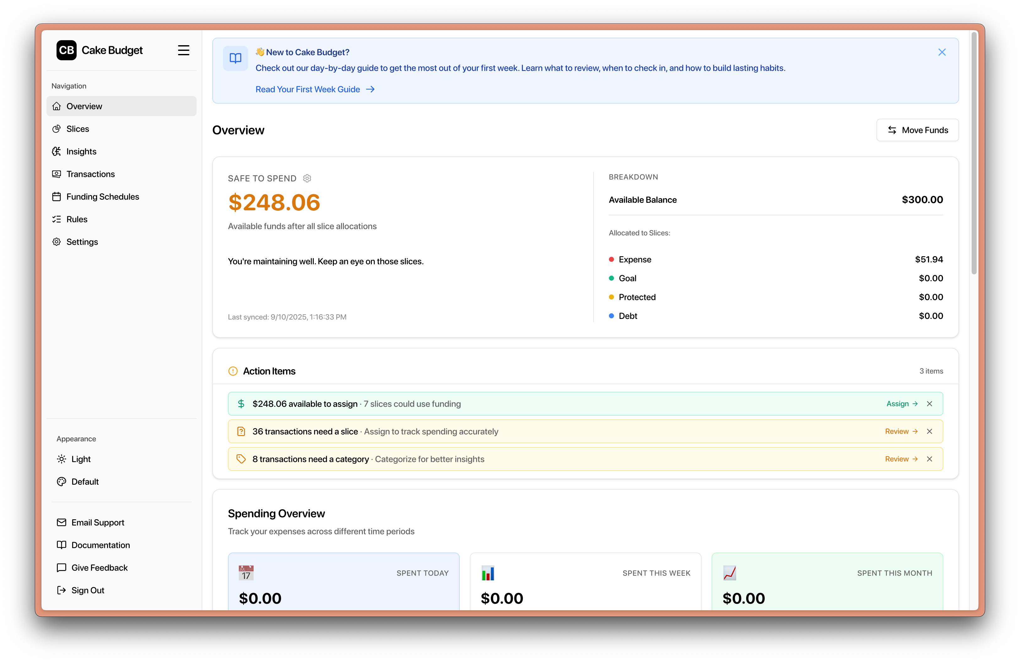 Cake Budget app interface showing slices and budget categories