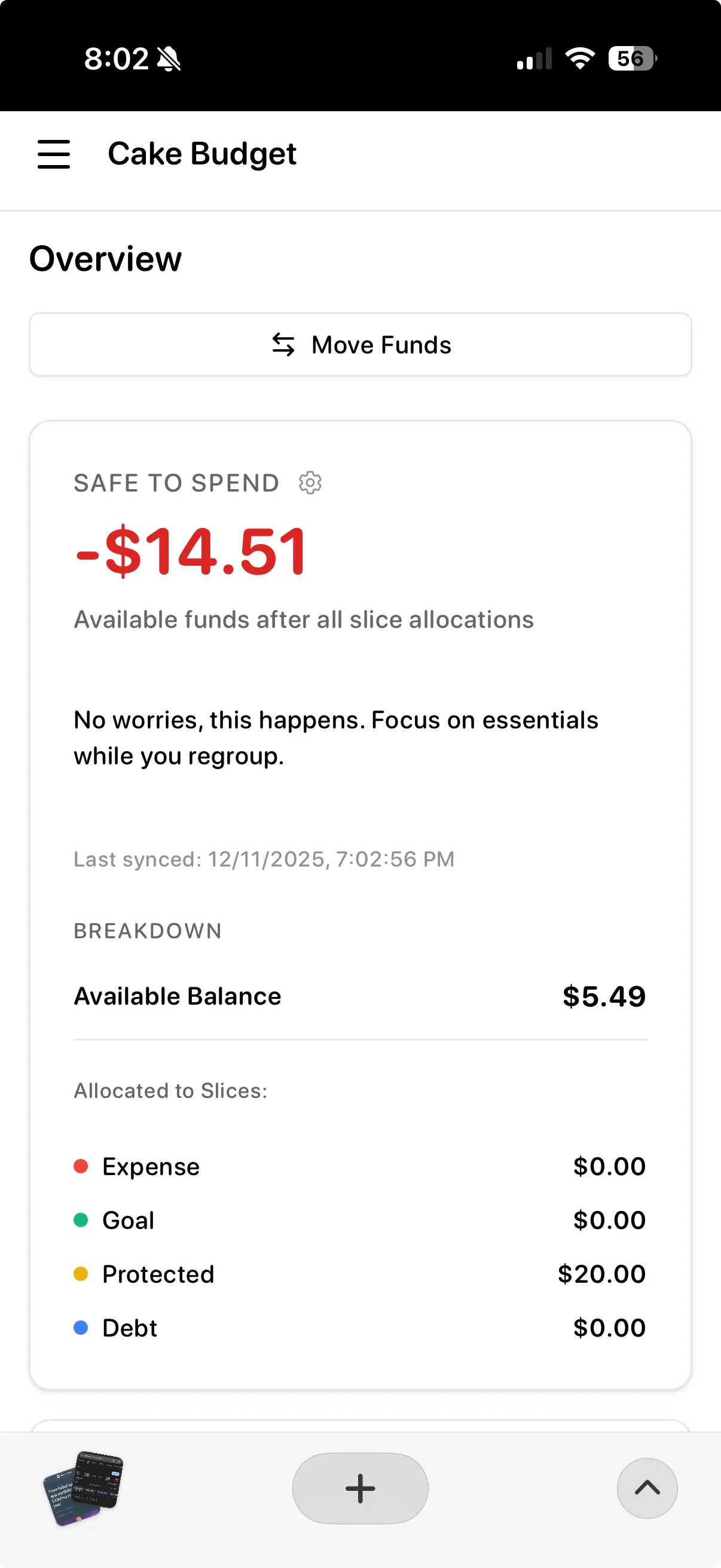 Cake Budget Mobile View - Safe to Spend