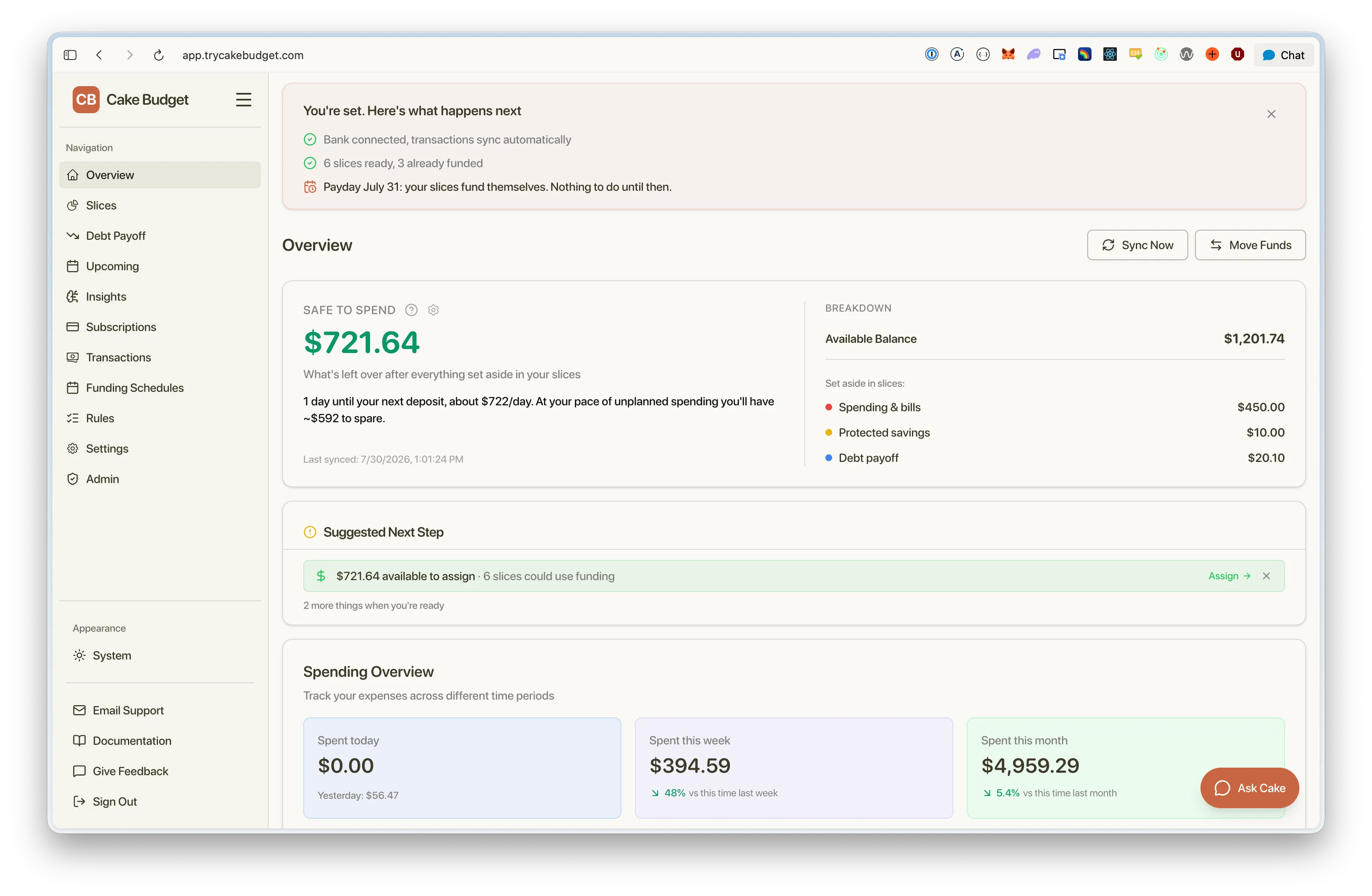 Cake Budget's Overview page showing Safe to Spend, funded slices, and a suggested next step