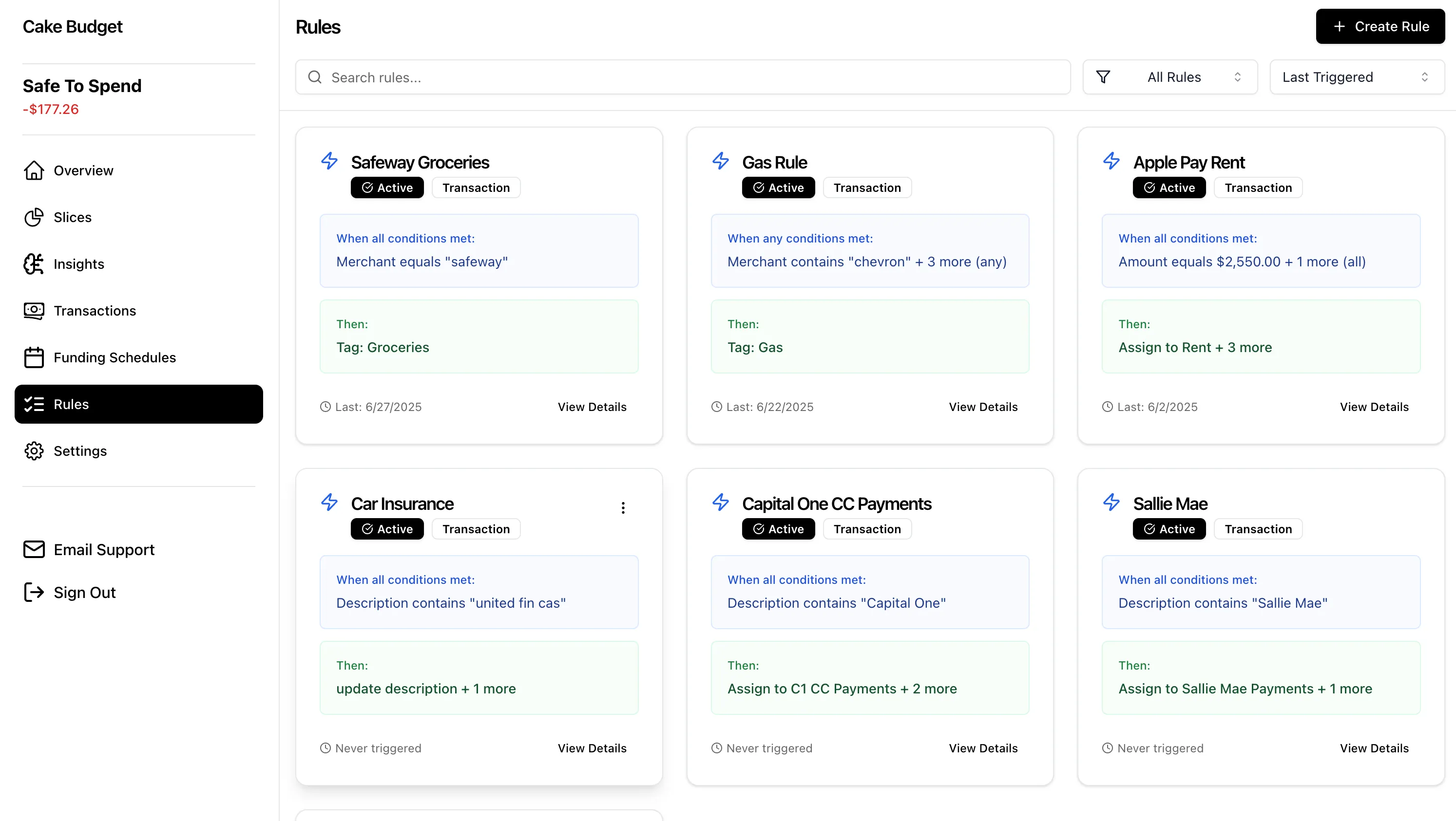 Automation rules dashboard showing various transaction and funding rules