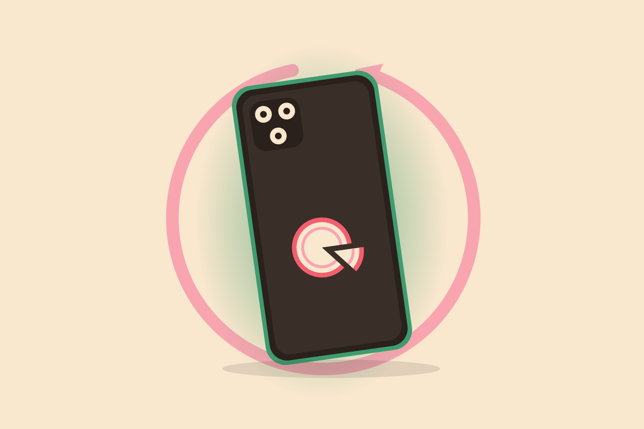 Illustration of a phone left face-down on a table inside a loop arrow, with soft green light leaking out from under the screen
