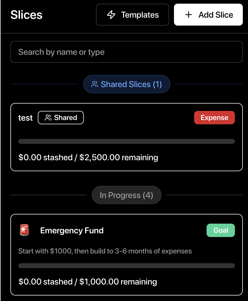 Family member's view of shared slices in dedicated "Shared Slices" section